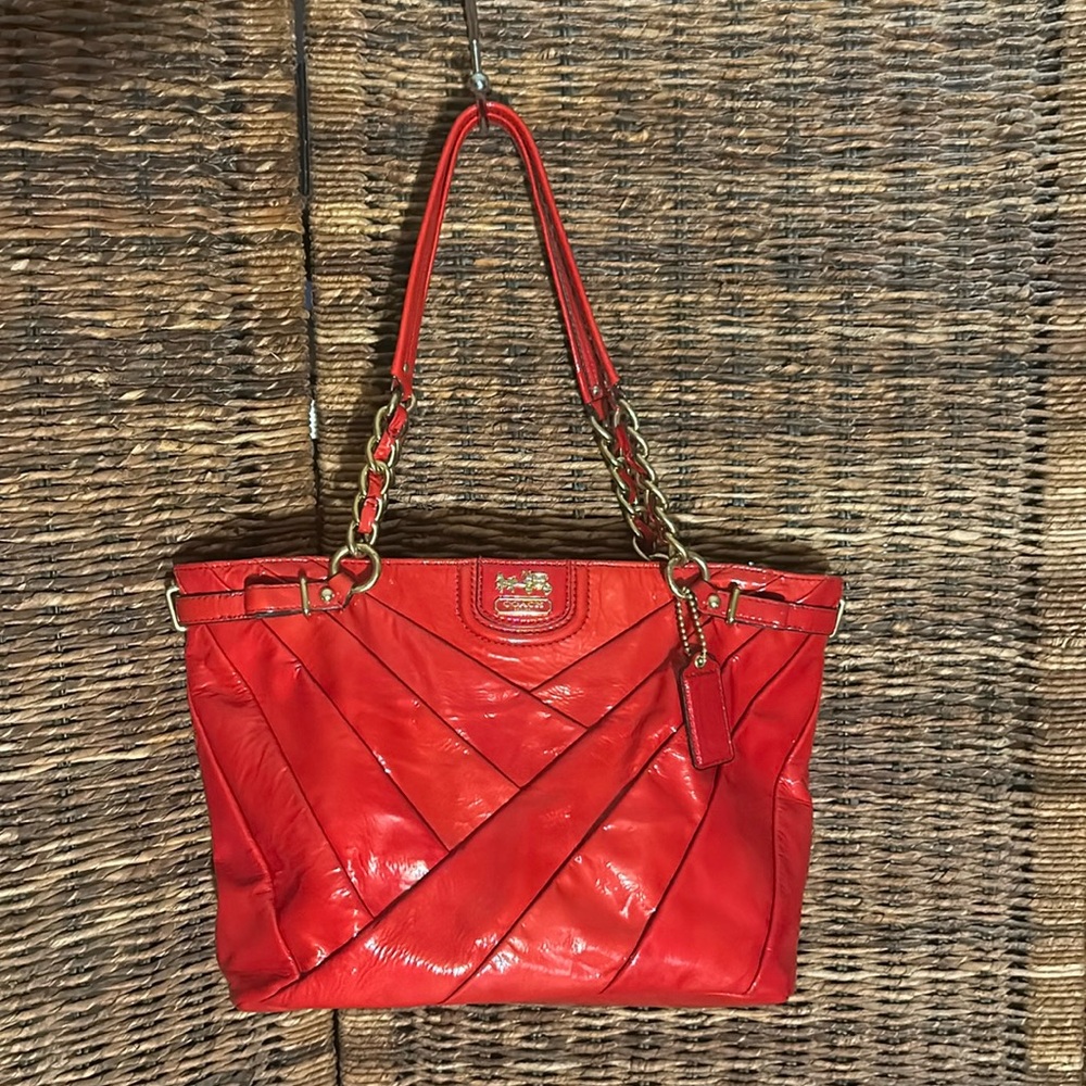 Coach Madison Diagonal Pleated Patent Leather Shoulder Handbag, Red